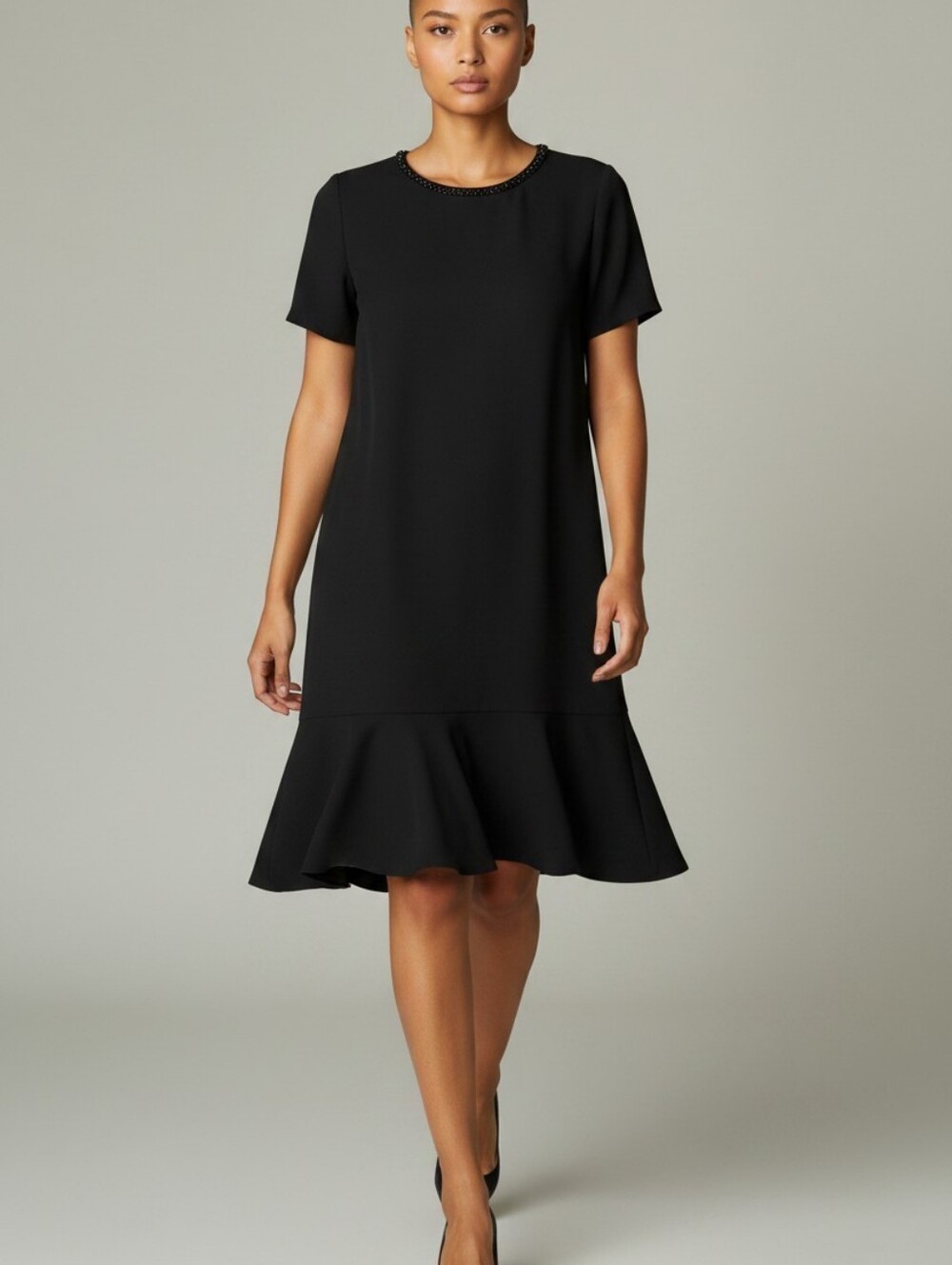 Max Mara Studio Beaded Neckline Drop Waist LBD Dress 10 Black Luxury Party Italy